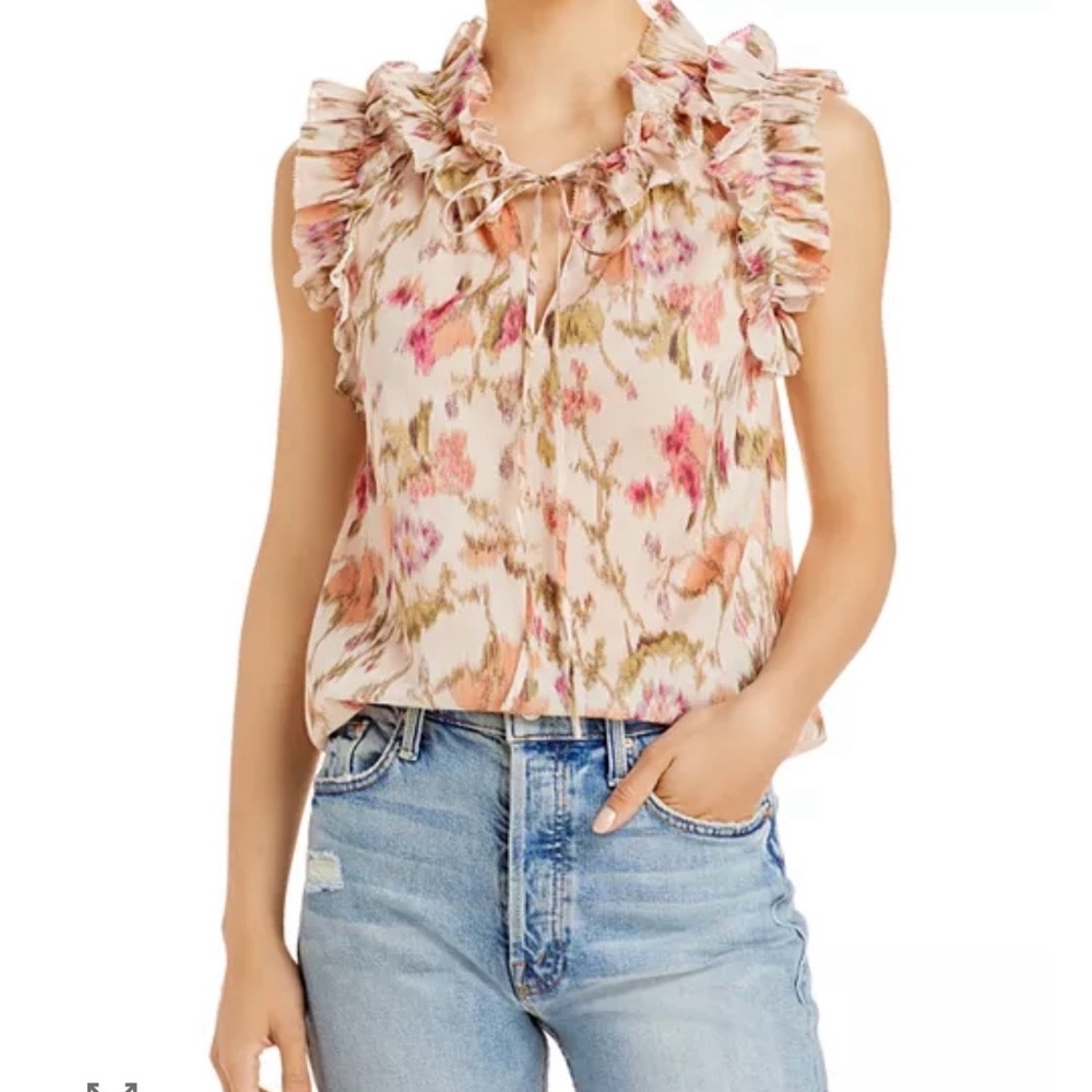 Rebecca Taylor Picot Floral Ruffle Tie-Neck Sleeveless Top - Pink and Cream